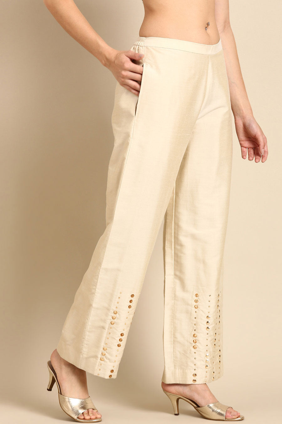 Beige Embroidered Palazzo Pant