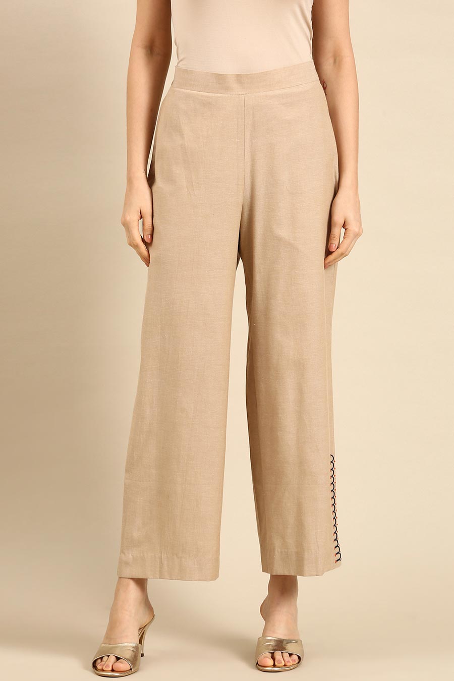 Beige Cotton Embroidered Pant