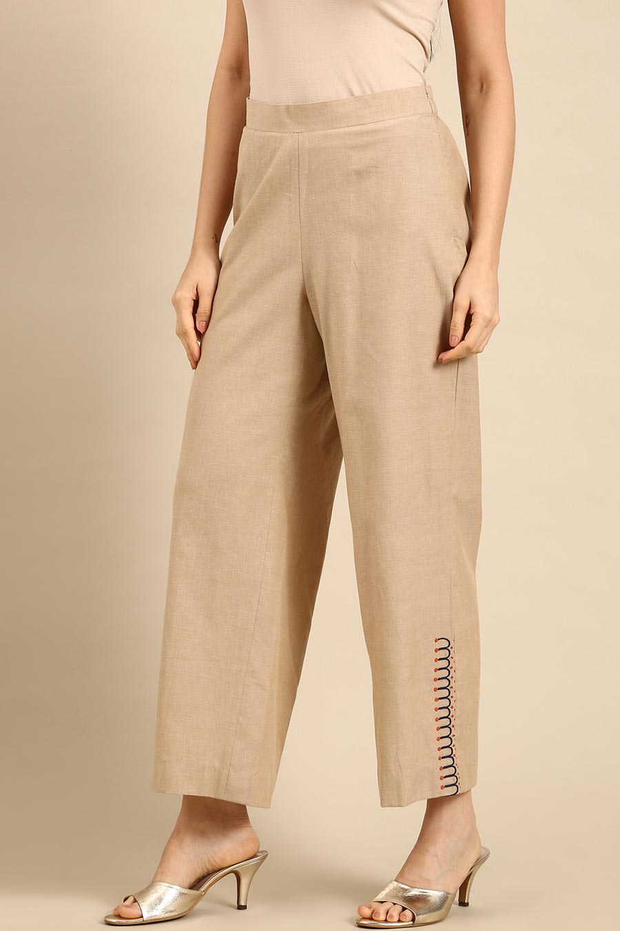 Beige Cotton Embroidered Pant