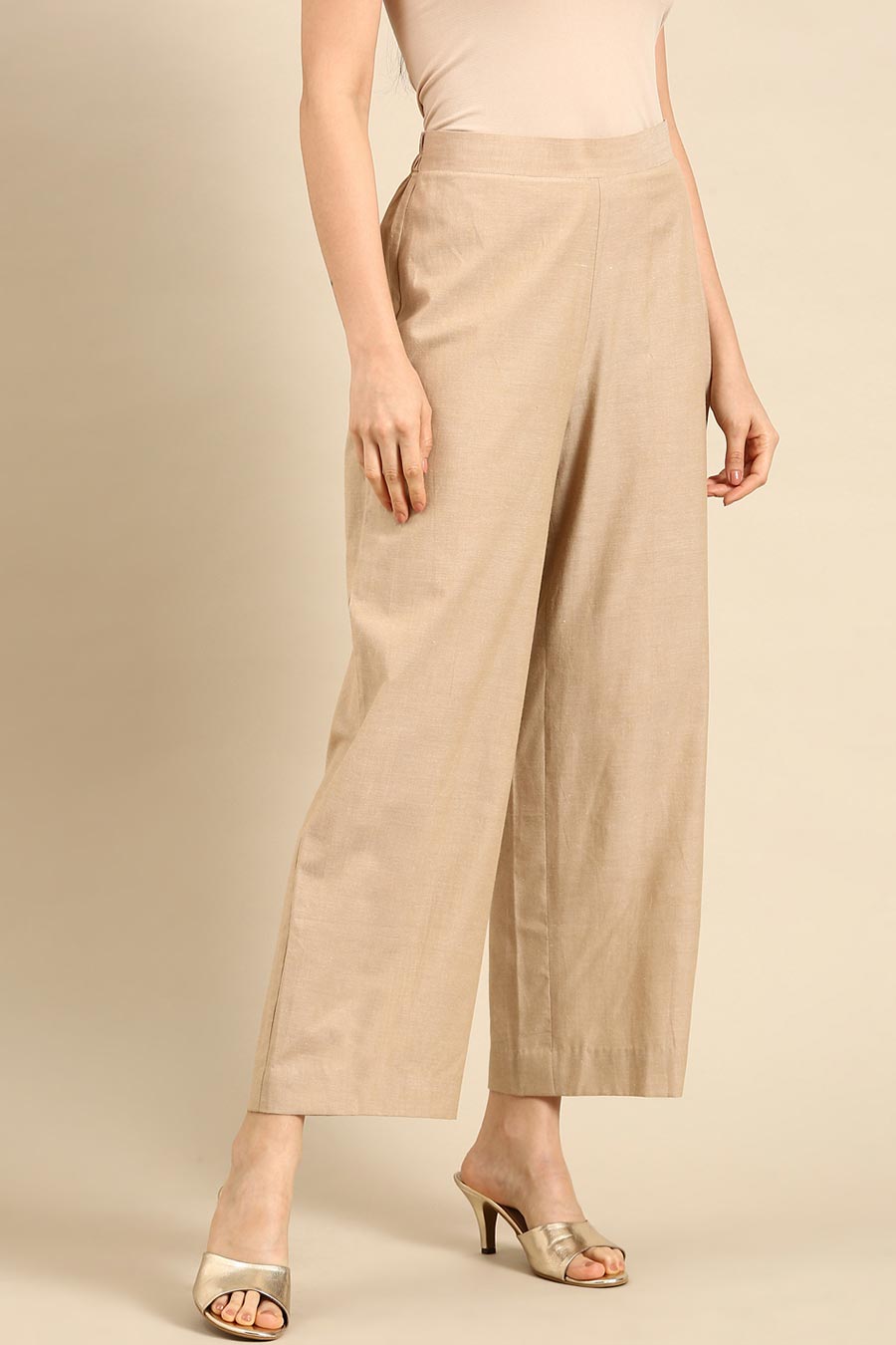 Beige Cotton Embroidered Pant