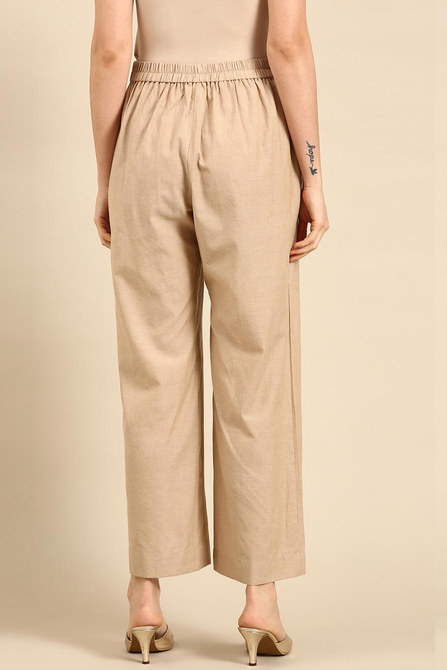 Beige Cotton Embroidered Pant