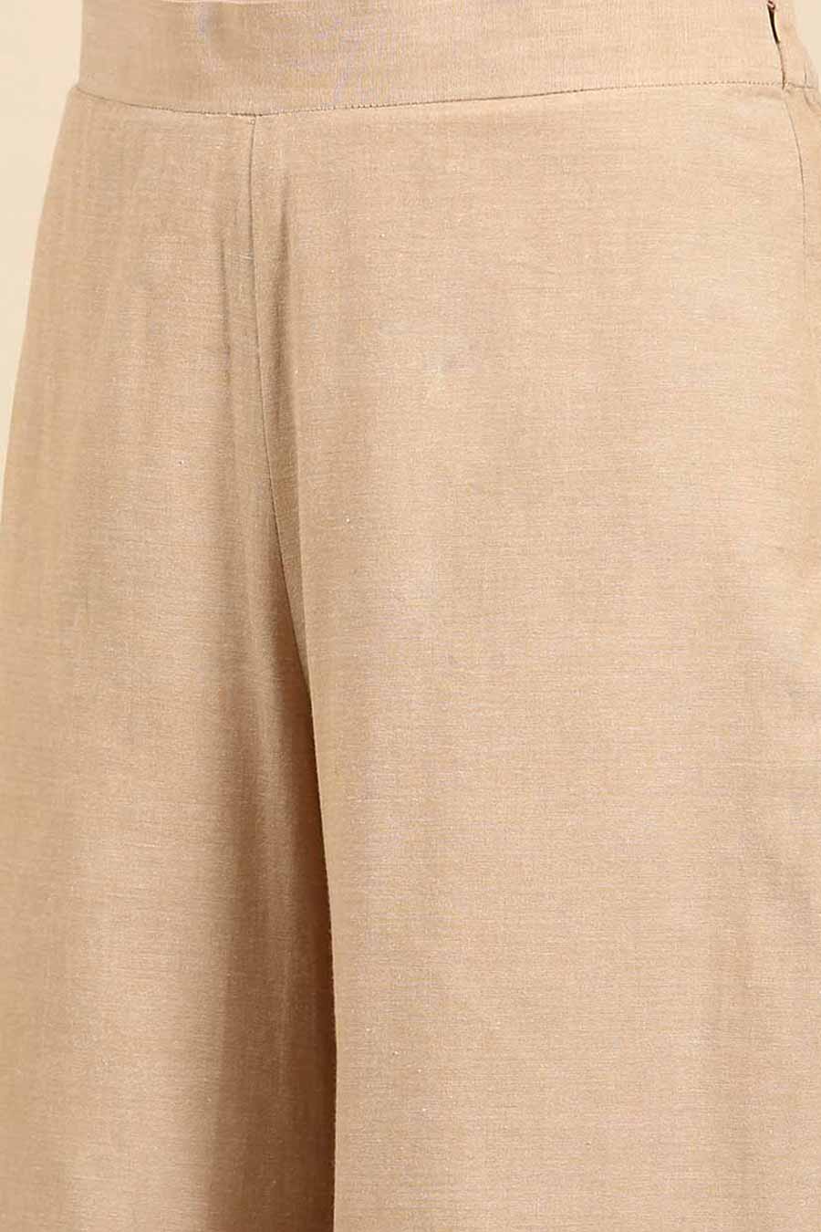 Beige Cotton Embroidered Pant