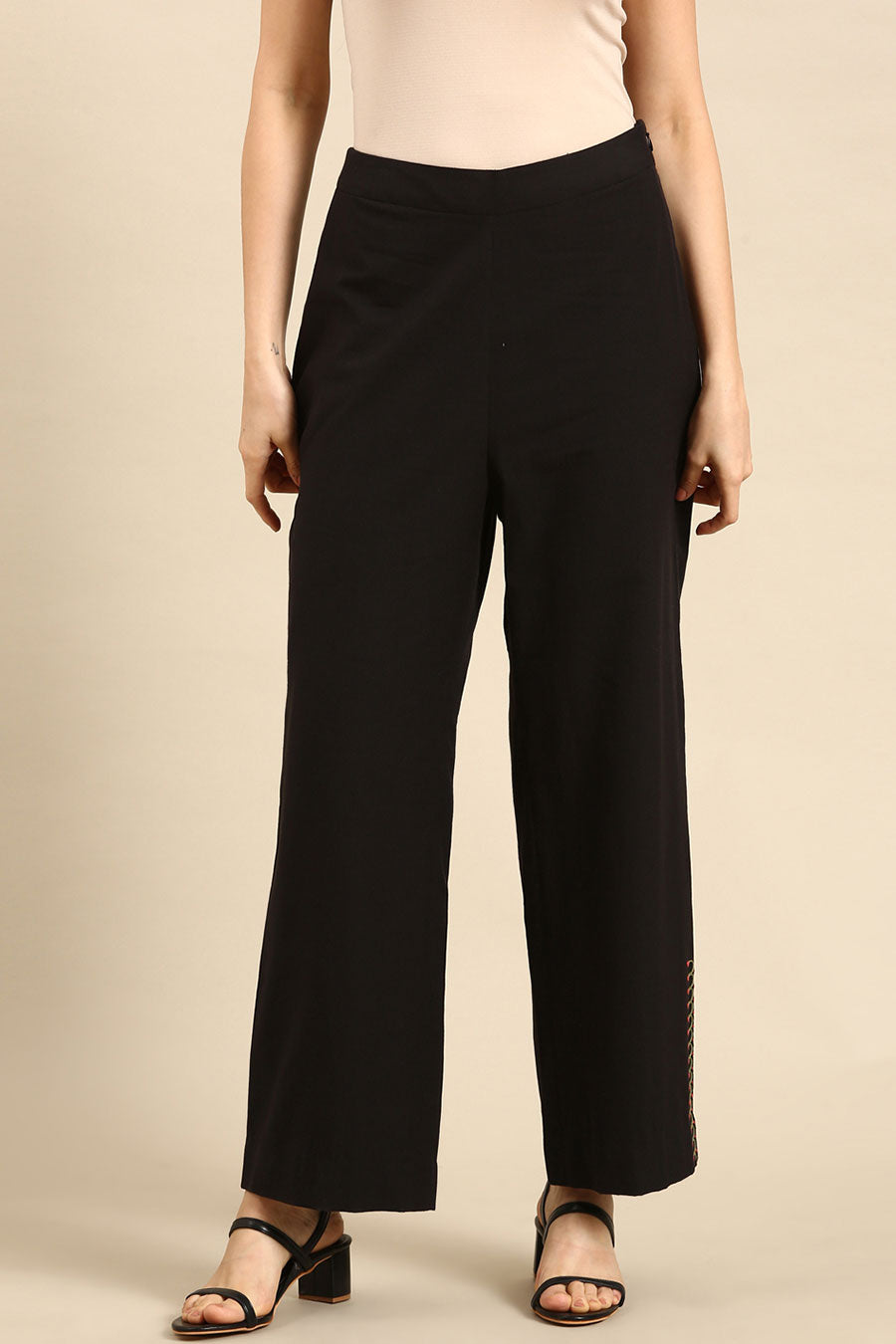 Black Cotton Embroidered Pant