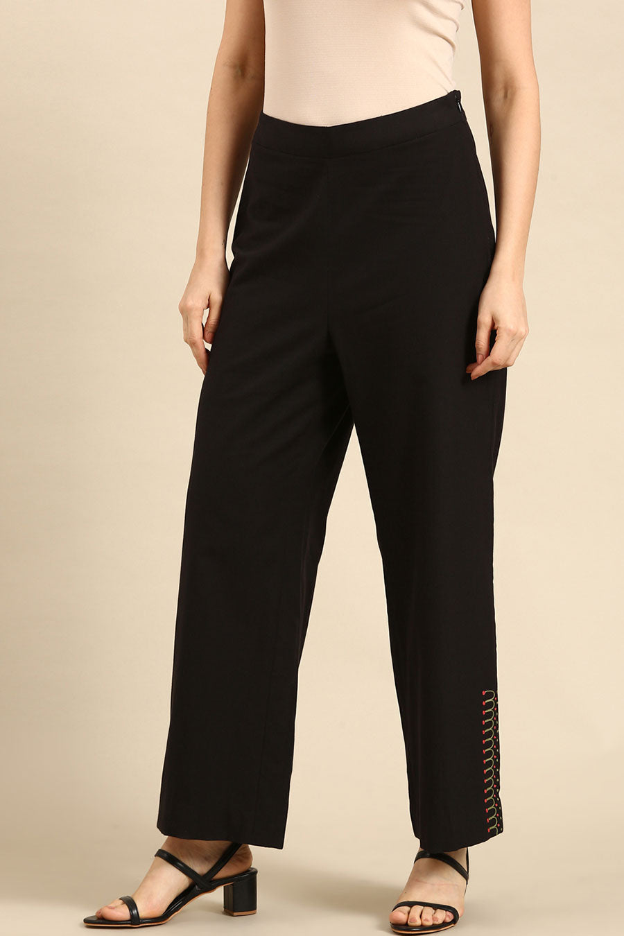 Black Cotton Embroidered Pant