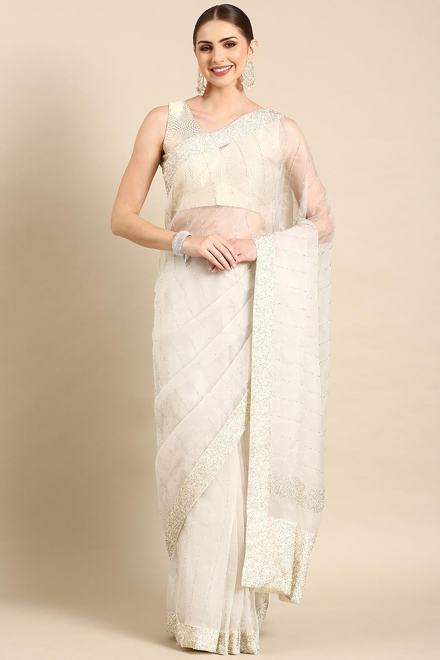 Ivory Silk Organza Embellished Pre-Draped Saree