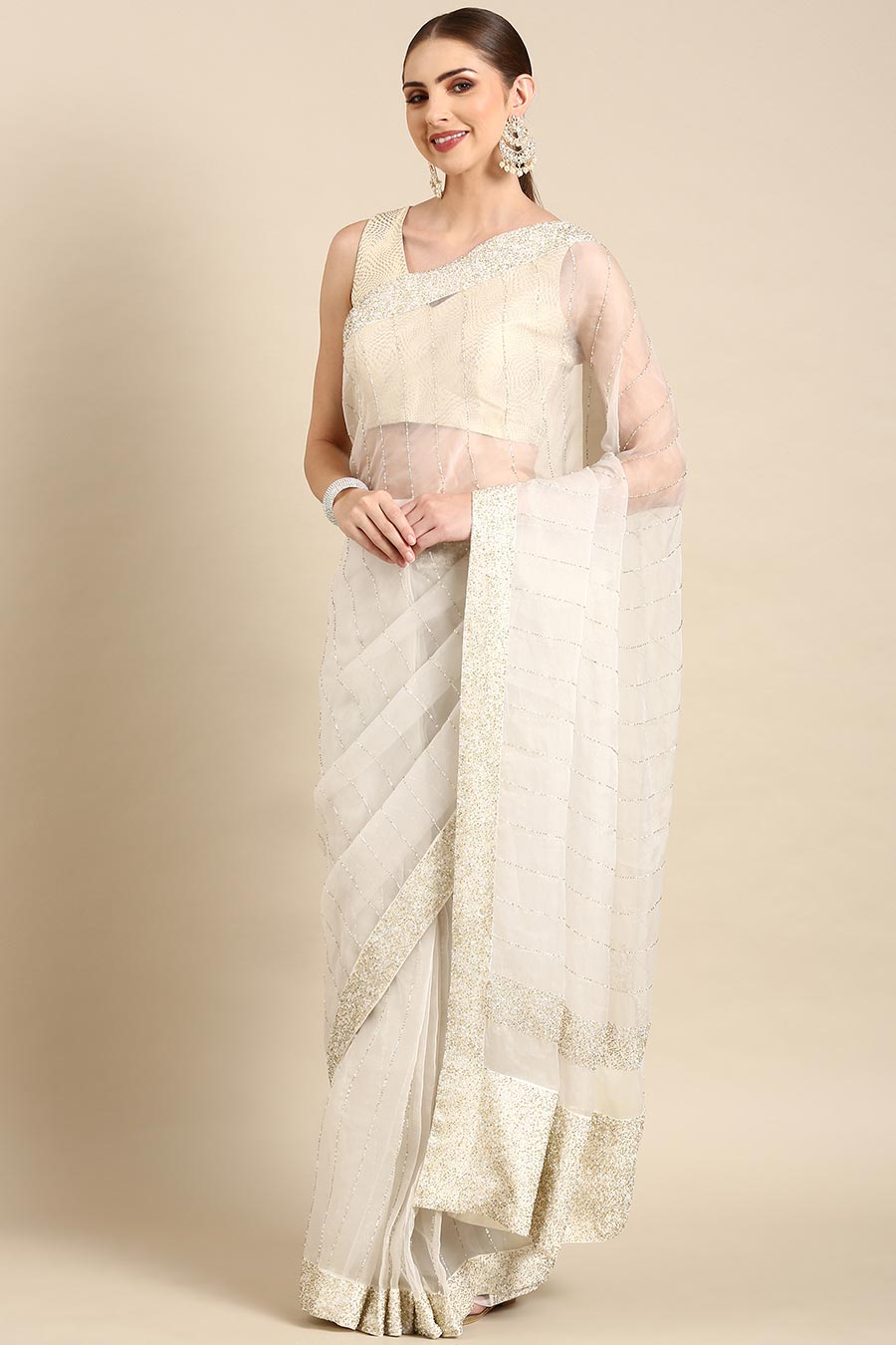 Ivory Silk Organza Embellished Pre-Draped Saree