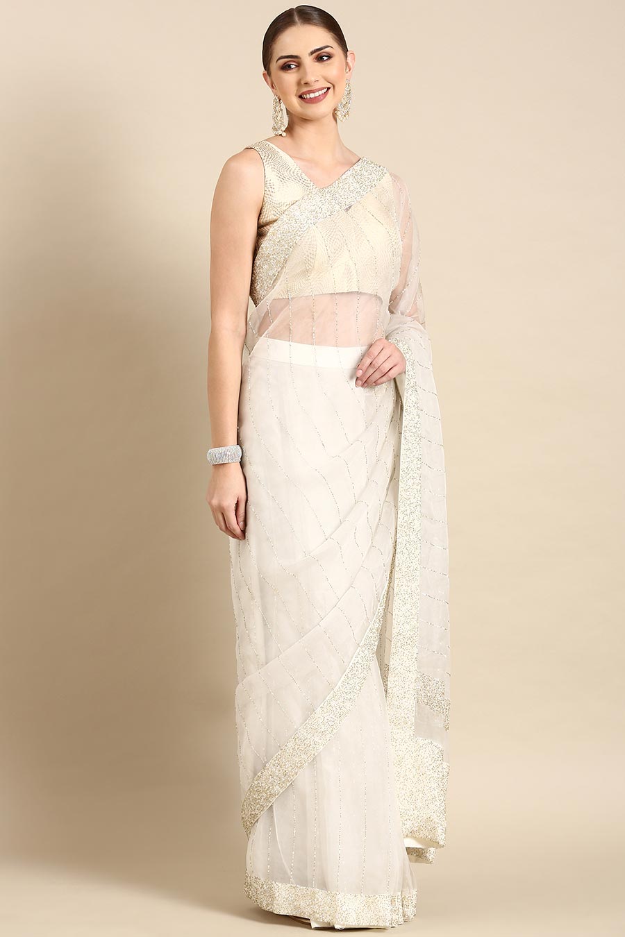 Ivory Silk Organza Embellished Pre-Draped Saree