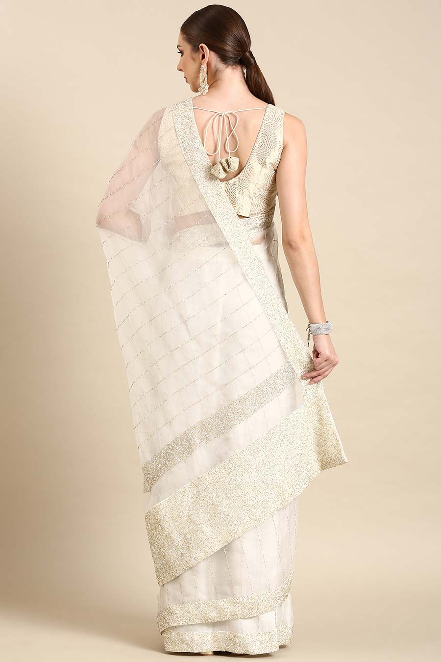 Ivory Silk Organza Embellished Pre-Draped Saree
