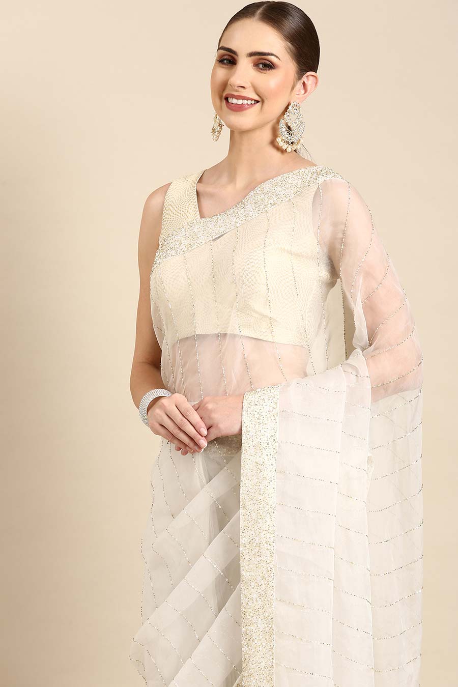 Ivory Silk Organza Embellished Pre-Draped Saree