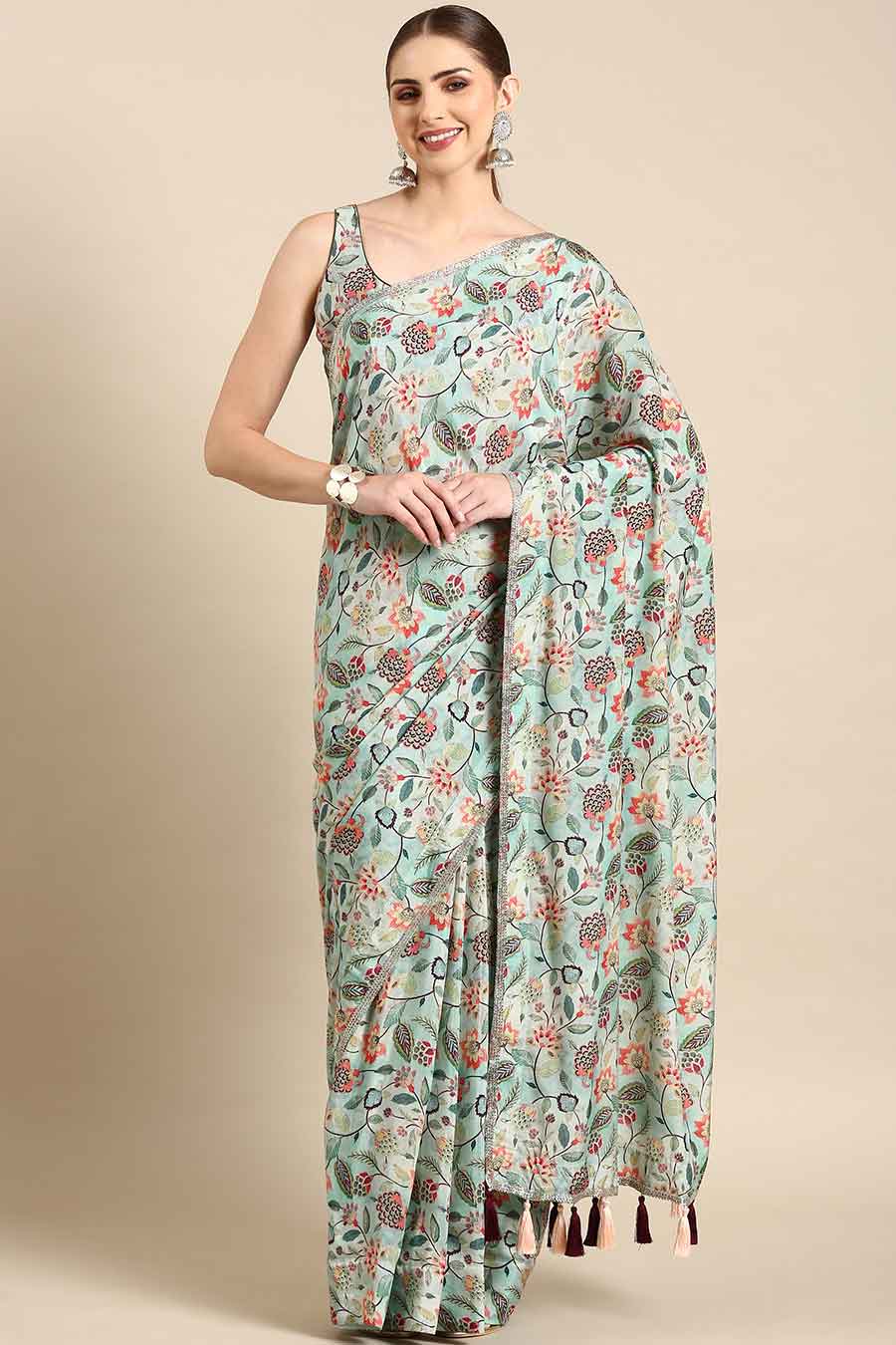 Aqua Blue Printed Muslin Pre-Draped Saree