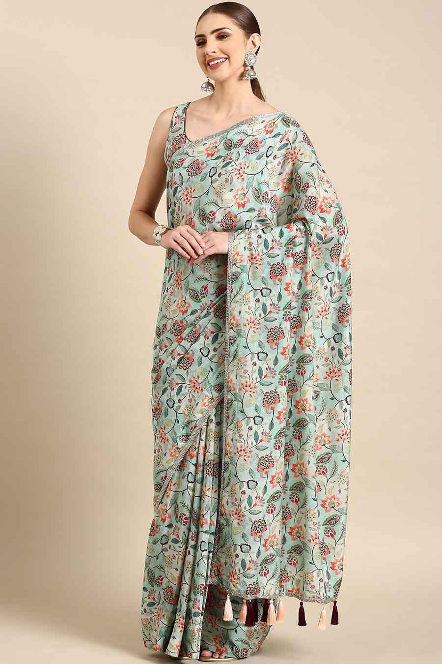 Aqua Blue Printed Muslin Pre-Draped Saree