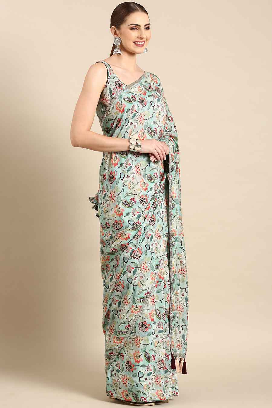 Aqua Blue Printed Muslin Pre-Draped Saree