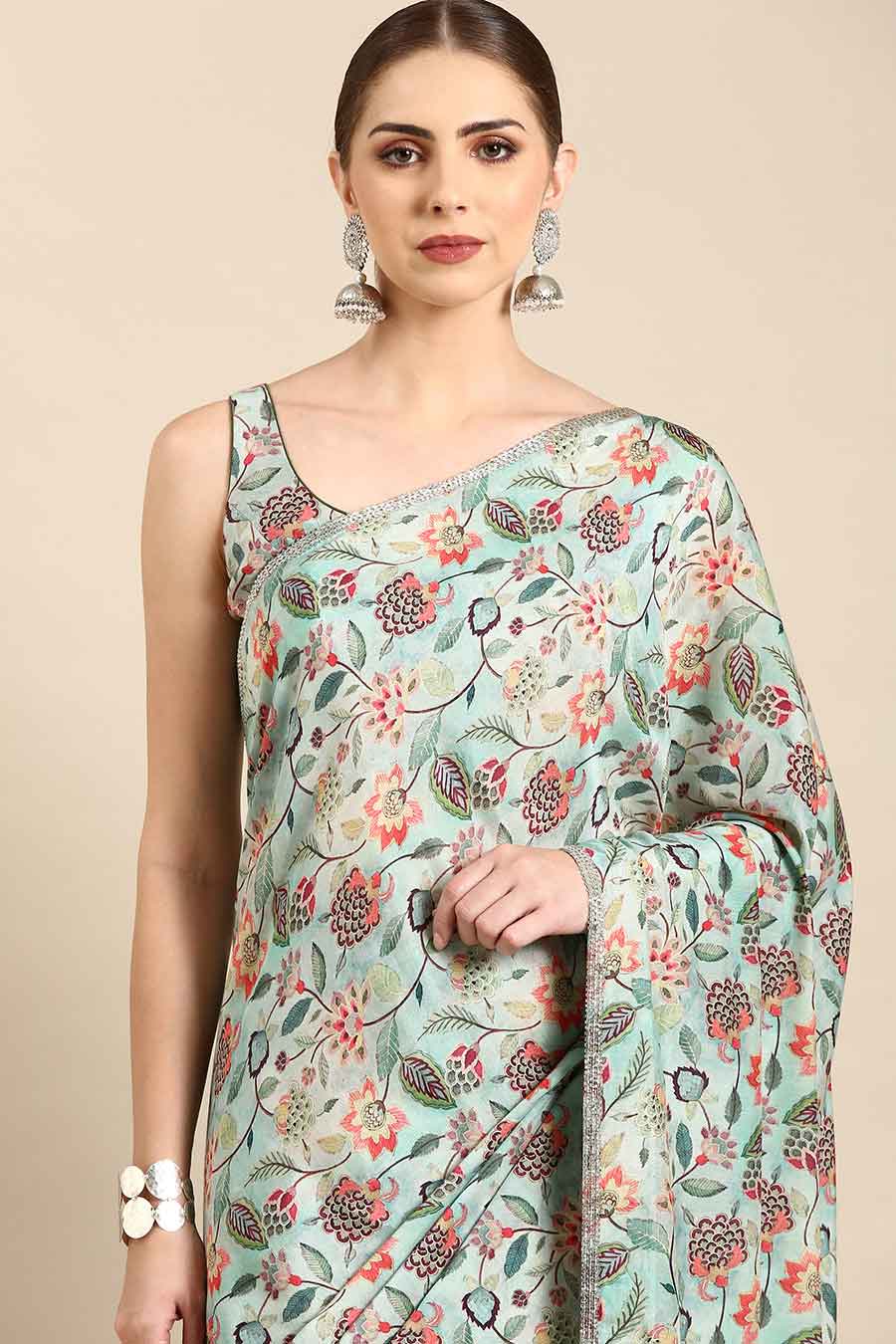 Aqua Blue Printed Muslin Pre-Draped Saree