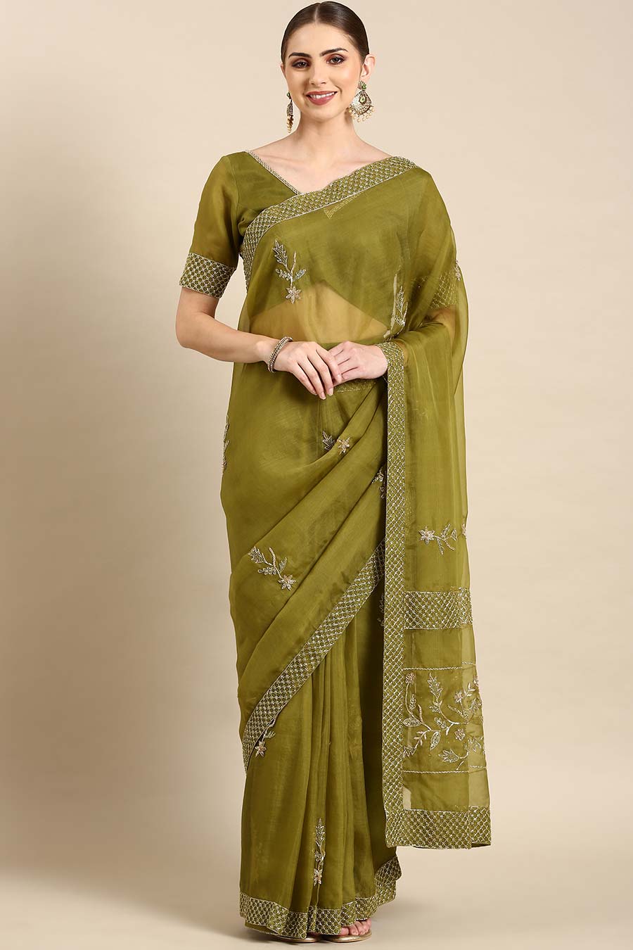 Green Silk Organza Embellished Pre-Draped Saree