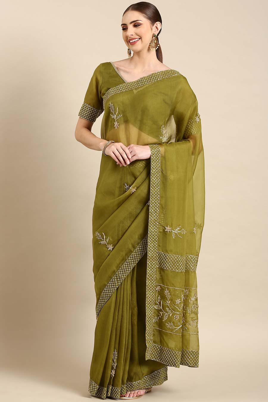 Green Silk Organza Embellished Pre-Draped Saree