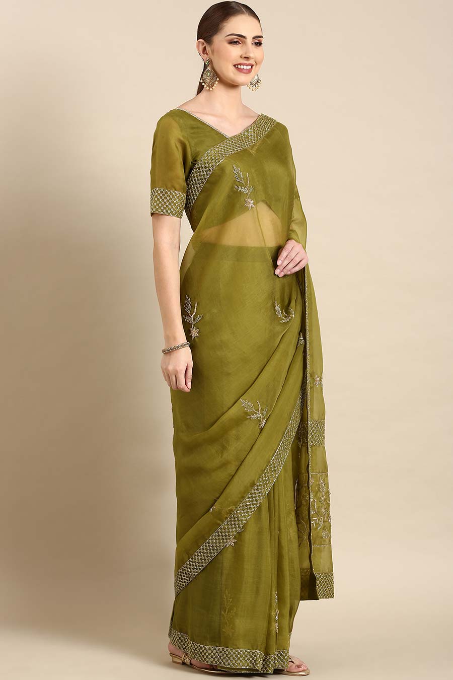 Green Silk Organza Embellished Pre-Draped Saree