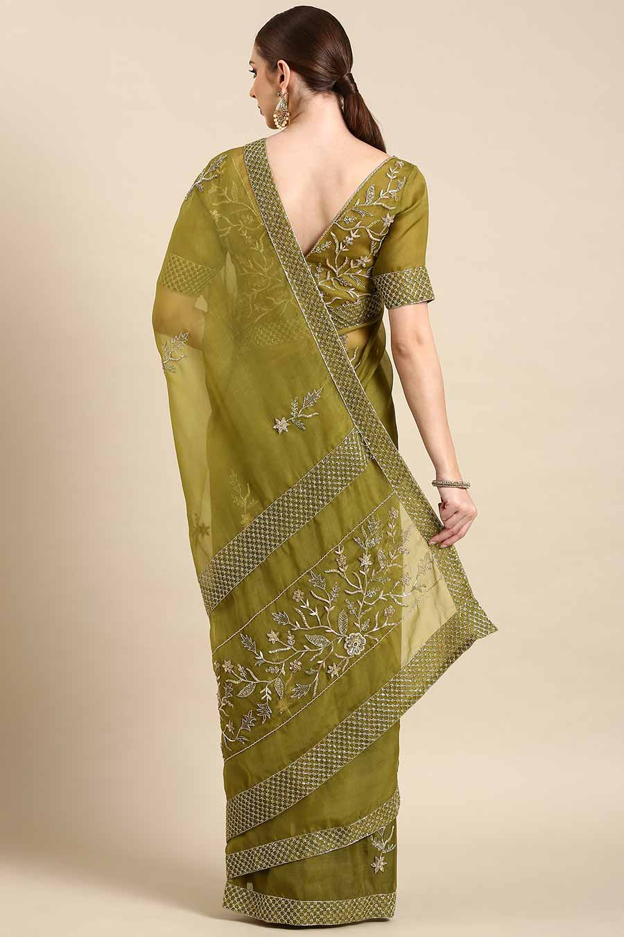 Green Silk Organza Embellished Pre-Draped Saree