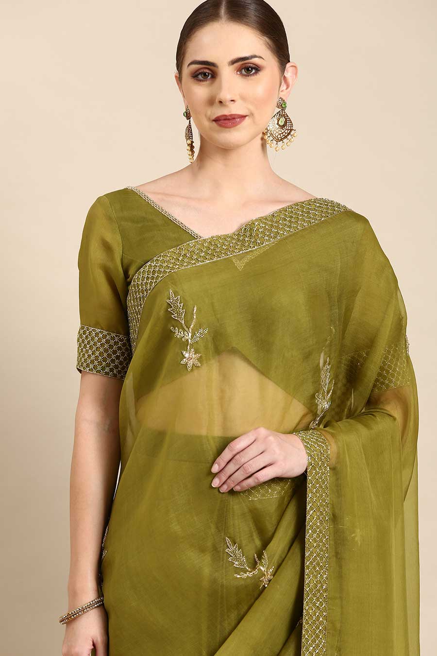 Green Silk Organza Embellished Pre-Draped Saree