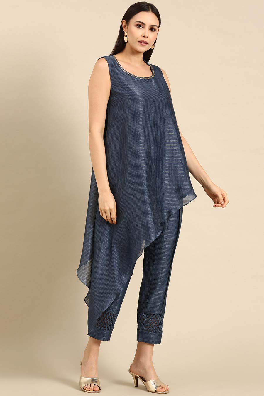 Blue Chanderi Checkered Asymmetric Top