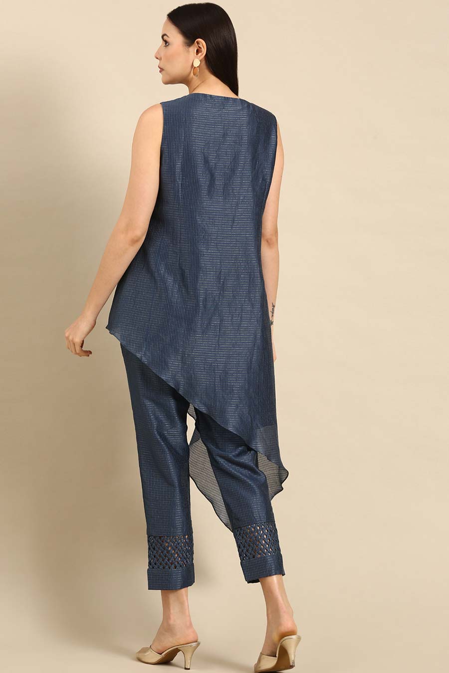 Blue Chanderi Checkered Asymmetric Top