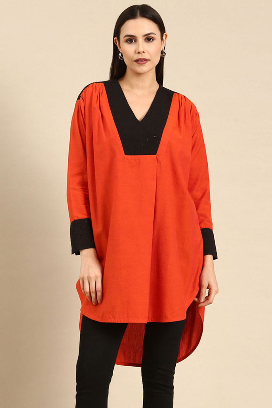 Orange & Black Cotton High-Low Top