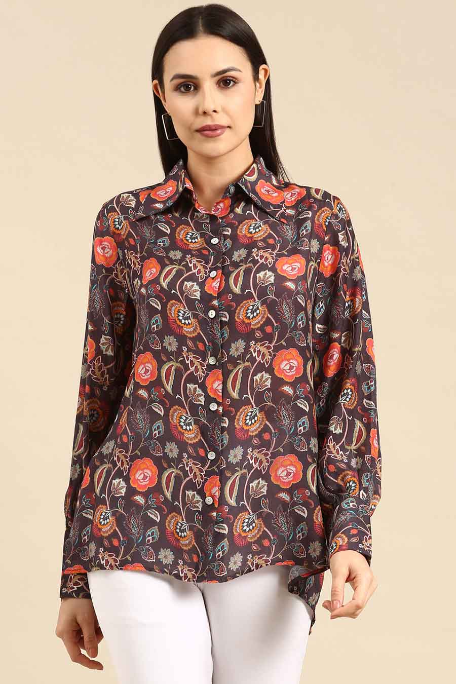 Brown Floral Print Muslin Top