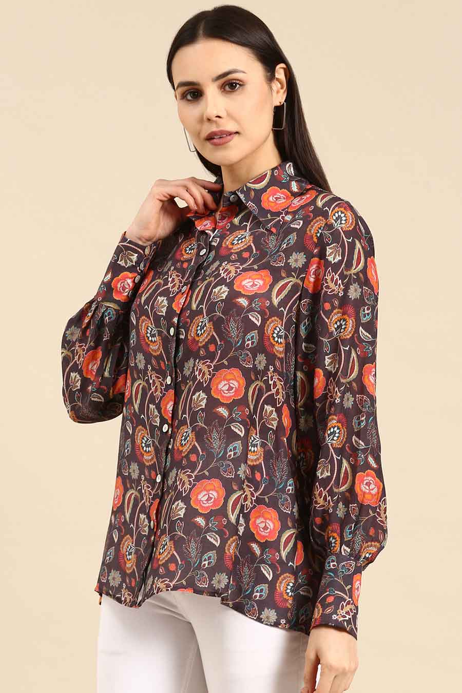 Brown Floral Print Muslin Top