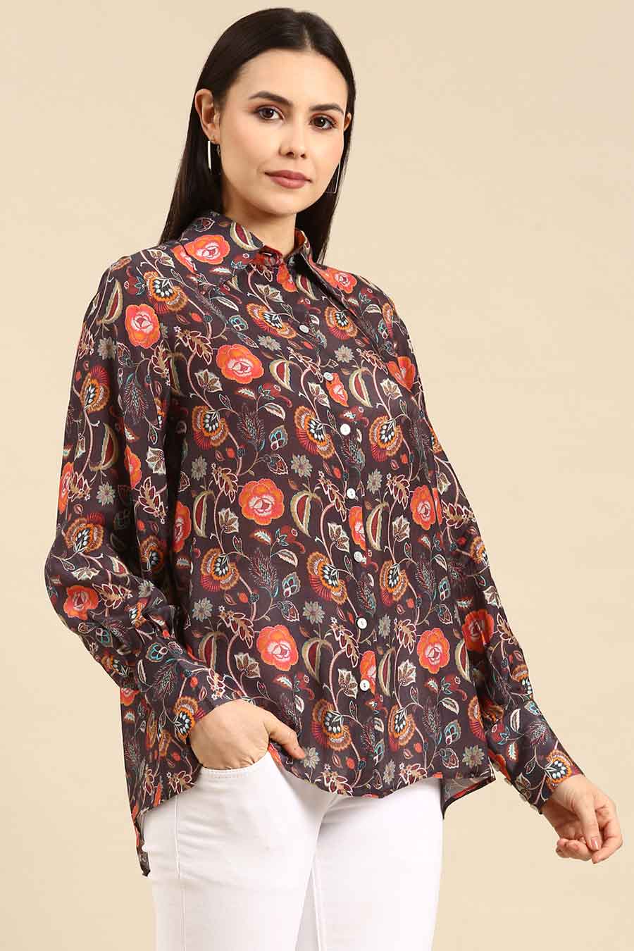 Brown Floral Print Muslin Top