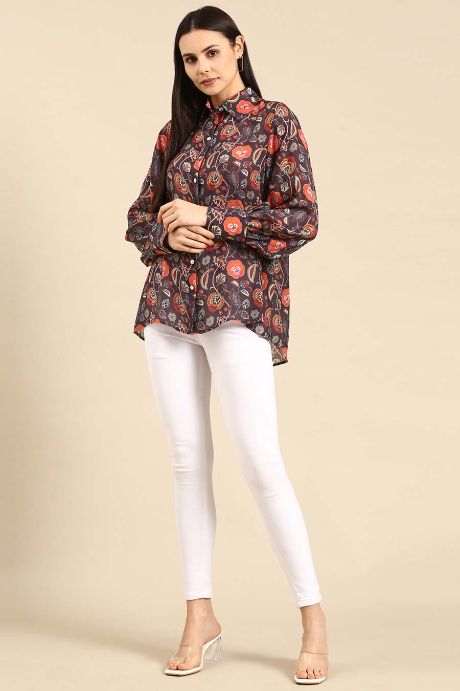 Brown Floral Print Muslin Top