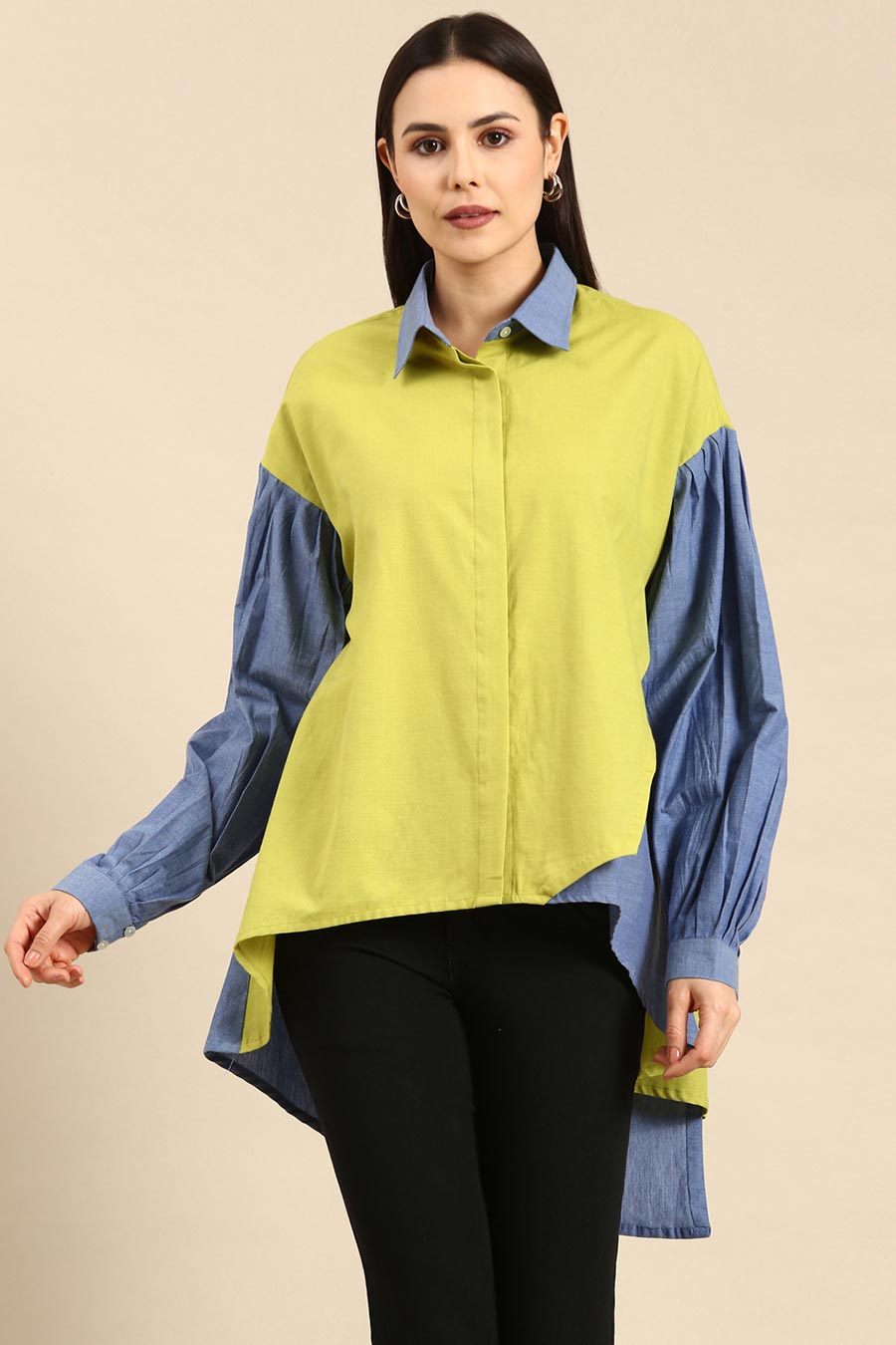 Lime & Blue Cotton High-Low Shirt