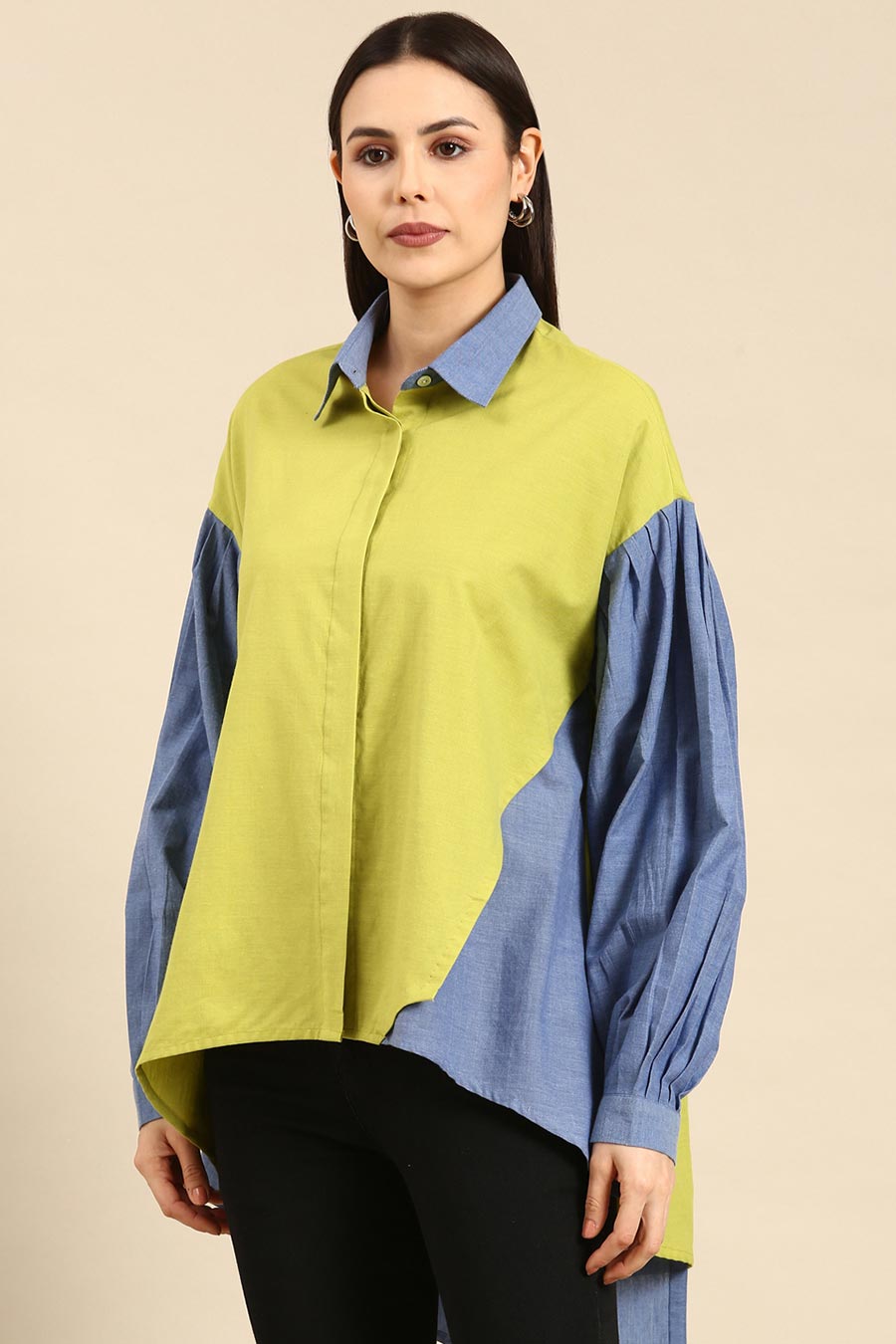 Lime & Blue Cotton High-Low Shirt