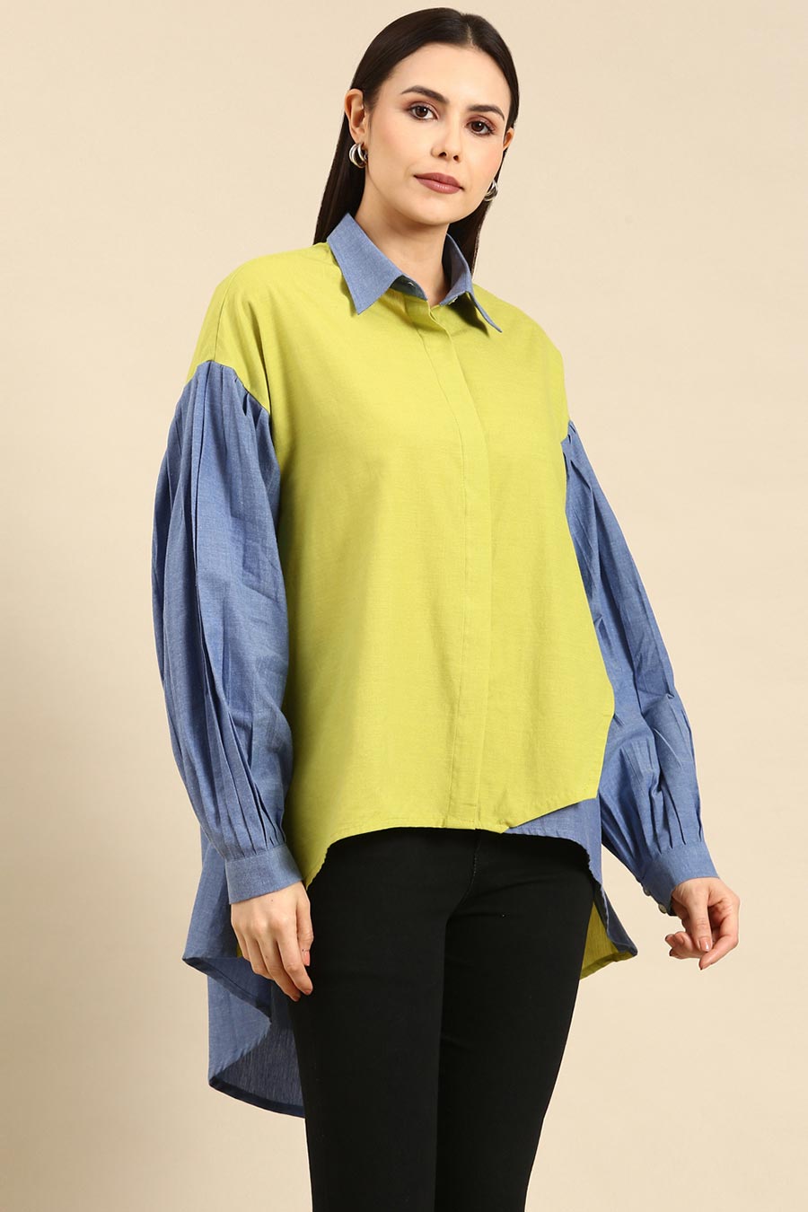 Lime & Blue Cotton High-Low Shirt