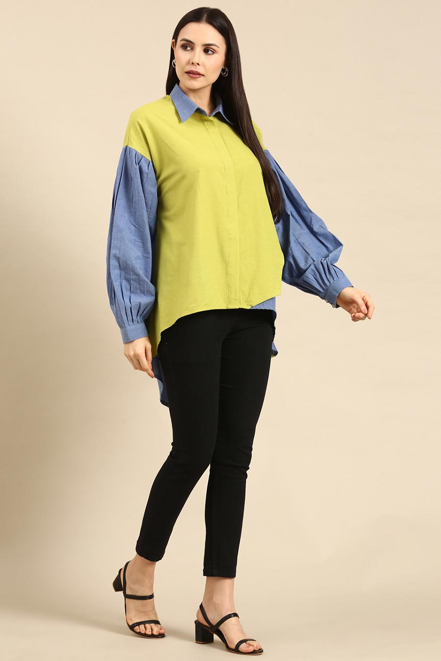 Lime & Blue Cotton High-Low Shirt