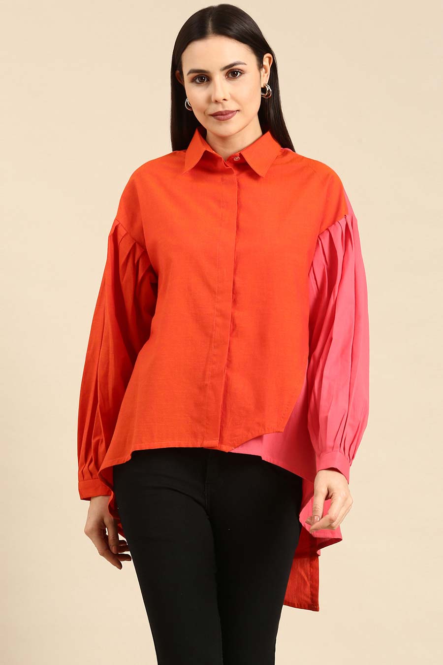 Orange & Pink Cotton High-Low Shirt