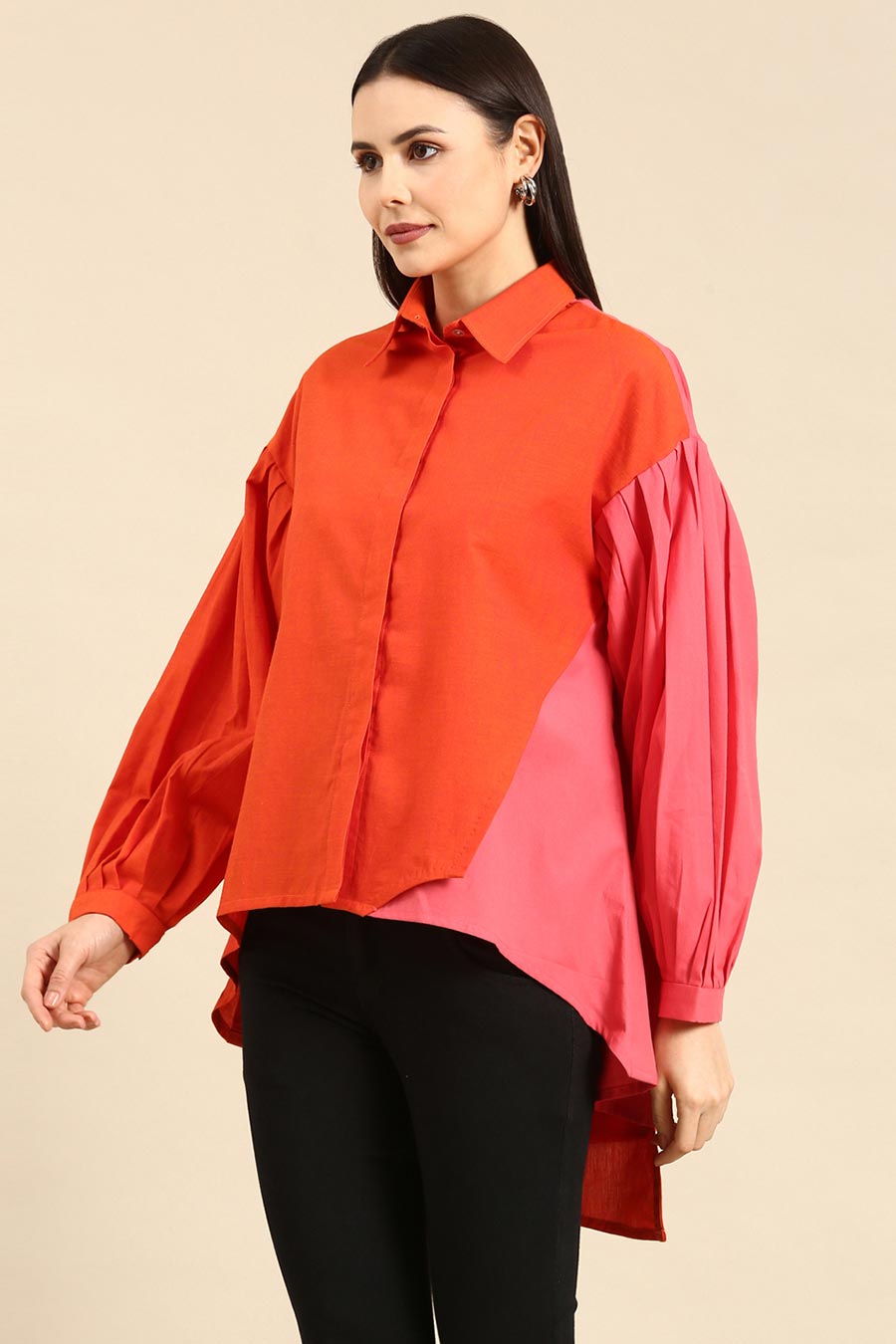 Orange & Pink Cotton High-Low Shirt