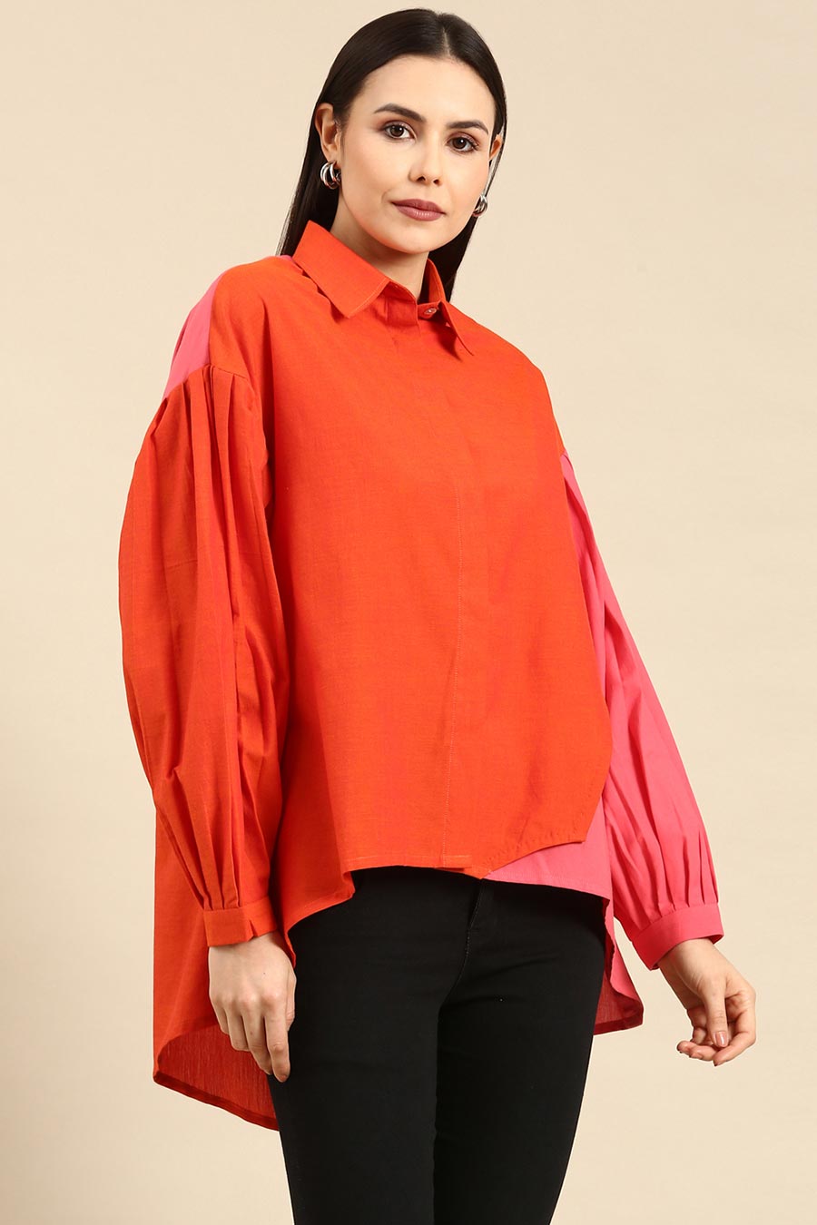 Orange & Pink Cotton High-Low Shirt