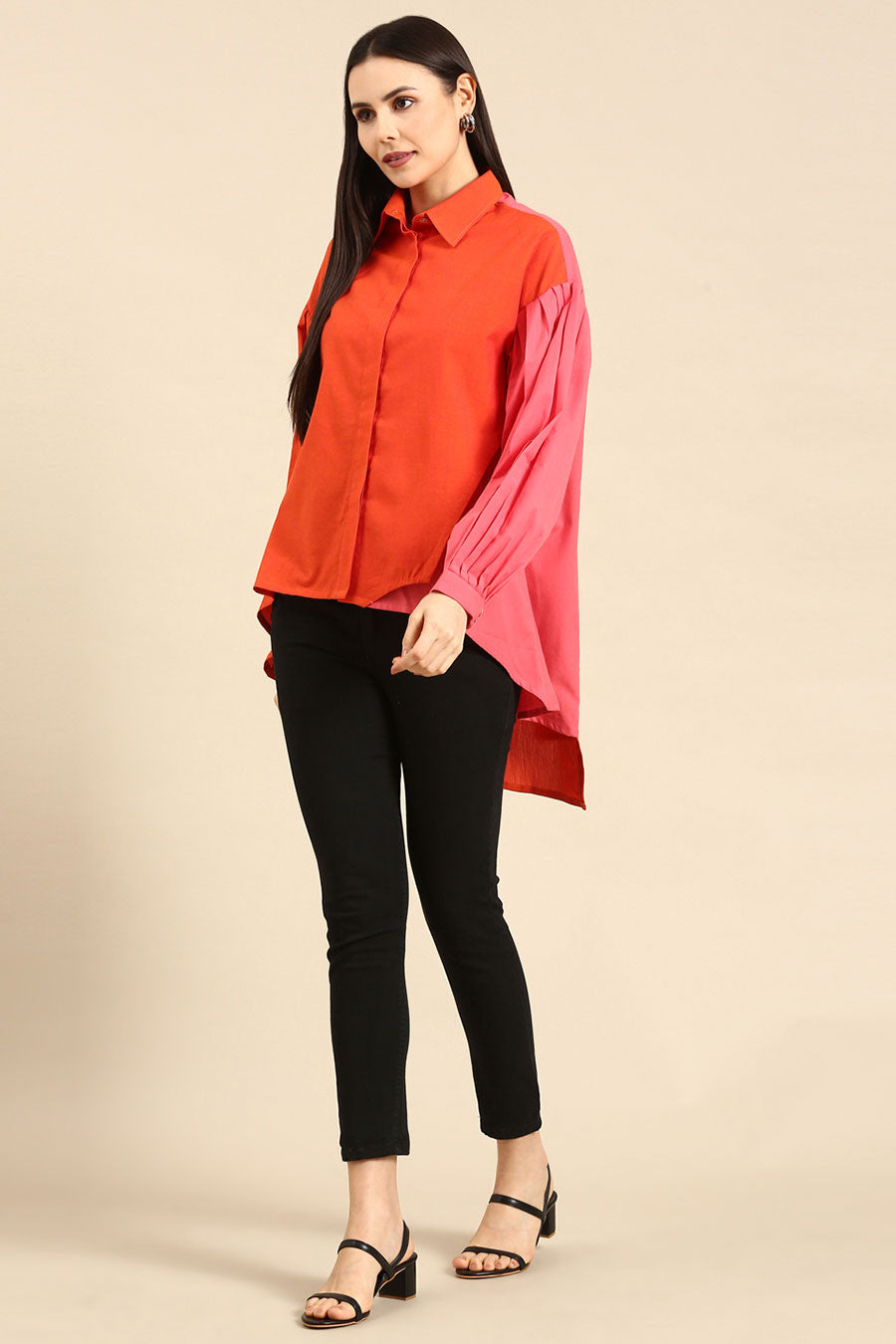 Orange & Pink Cotton High-Low Shirt