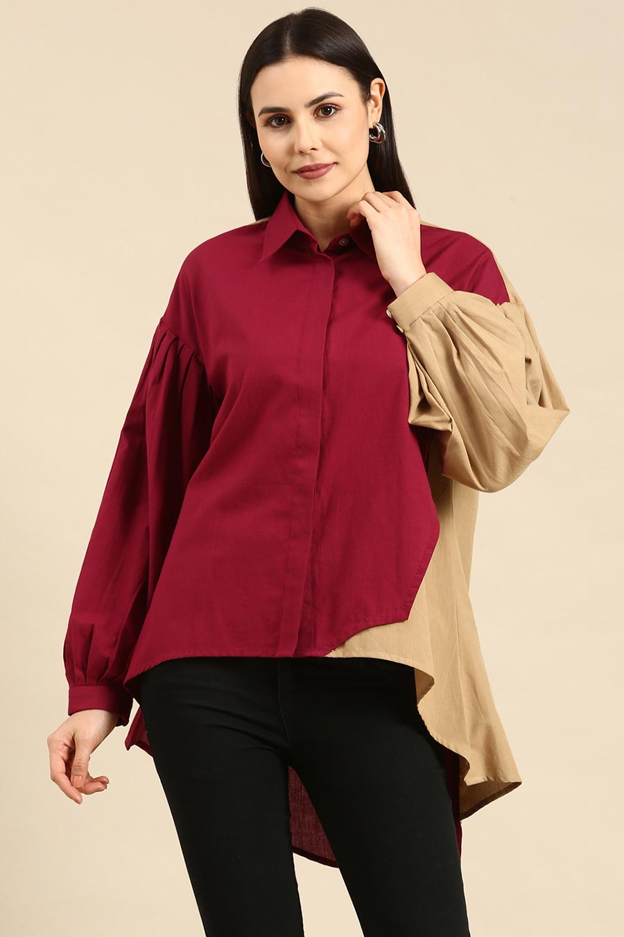 Burgandy & Mustard Cotton High-Low Shirt