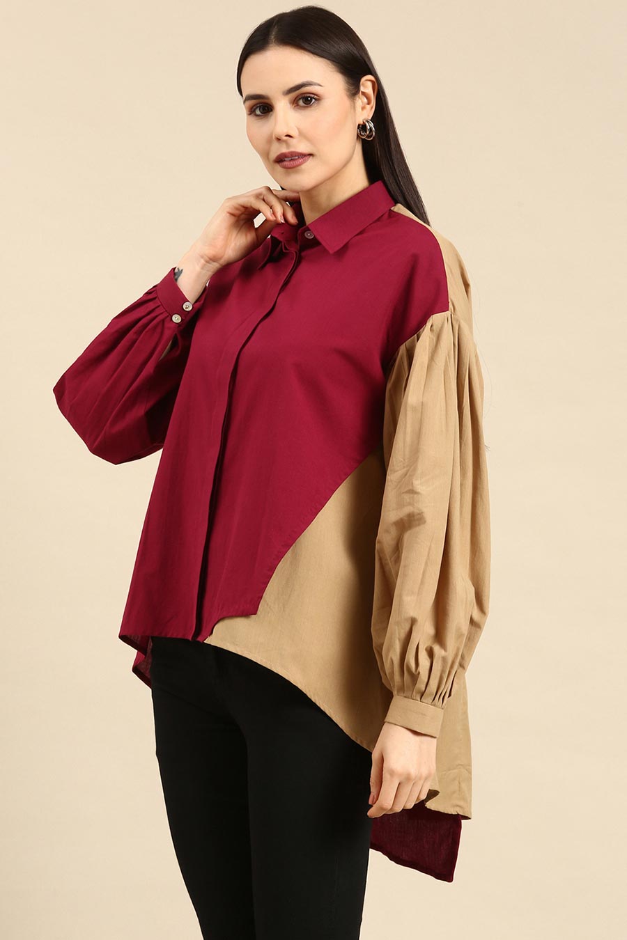 Burgandy & Mustard Cotton High-Low Shirt