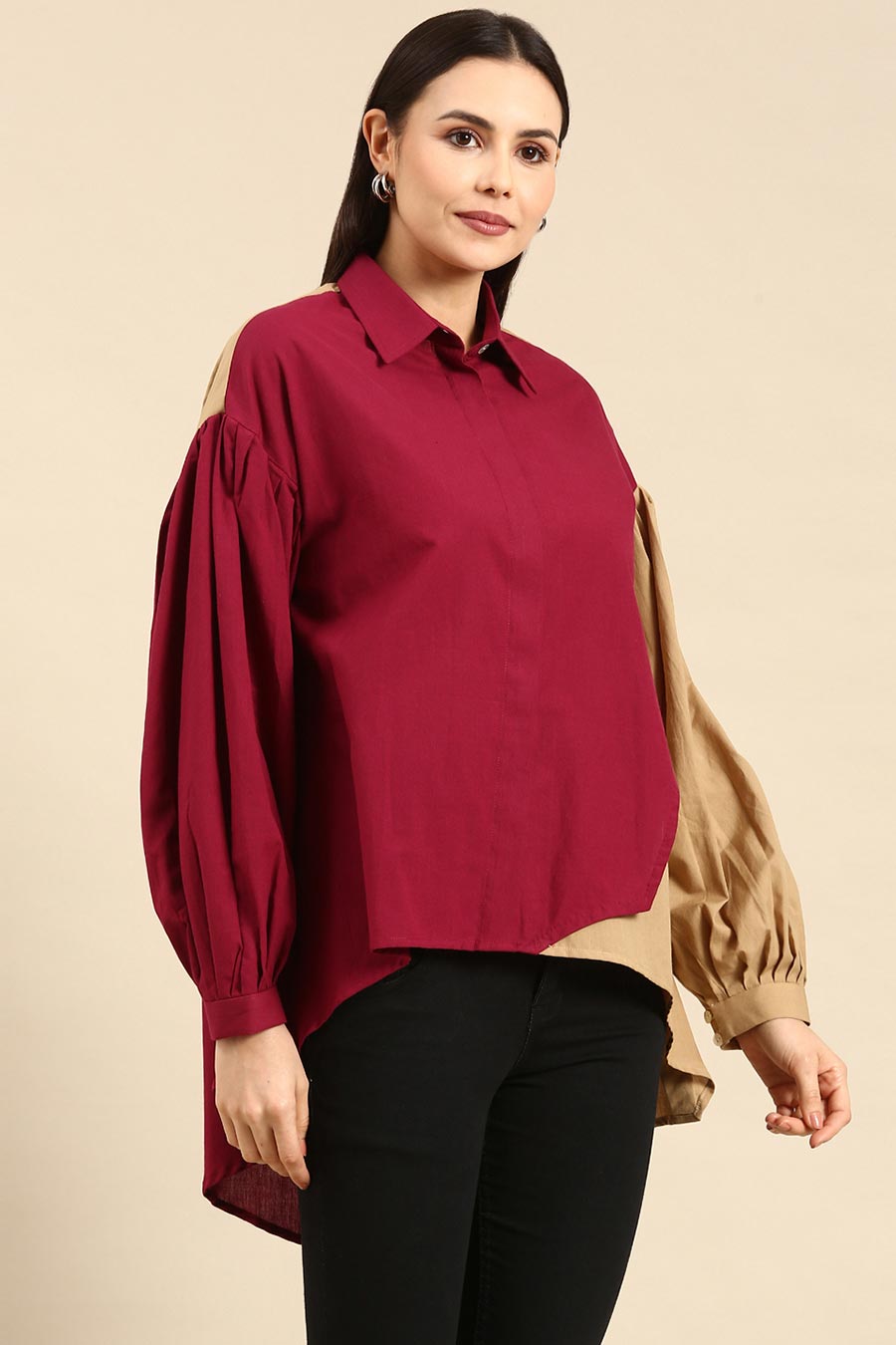 Burgandy & Mustard Cotton High-Low Shirt