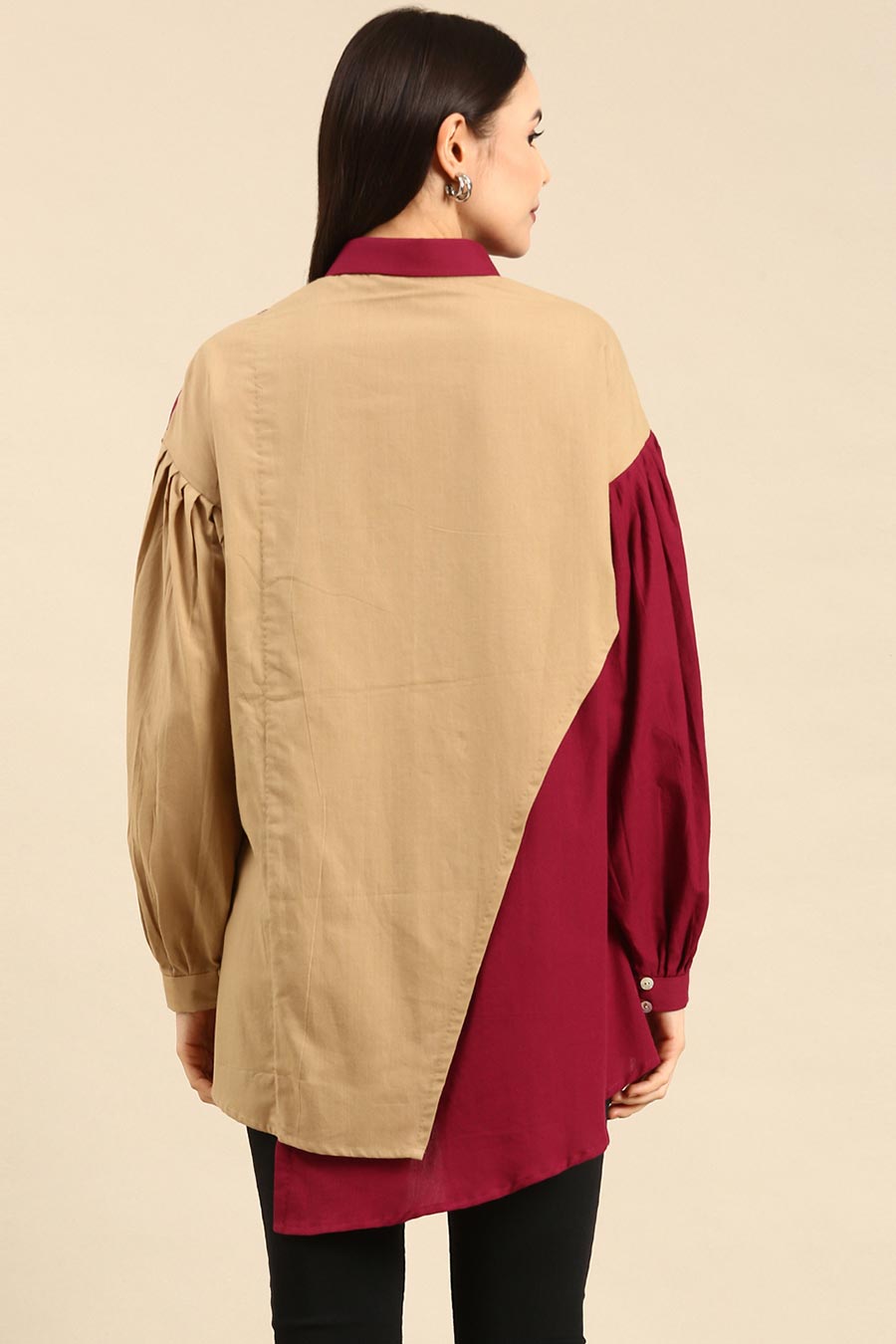 Burgandy & Mustard Cotton High-Low Shirt