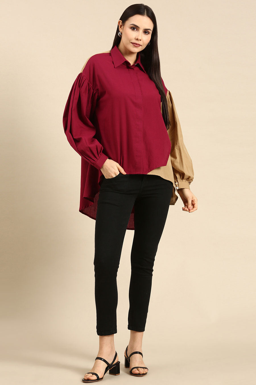 Burgandy & Mustard Cotton High-Low Shirt