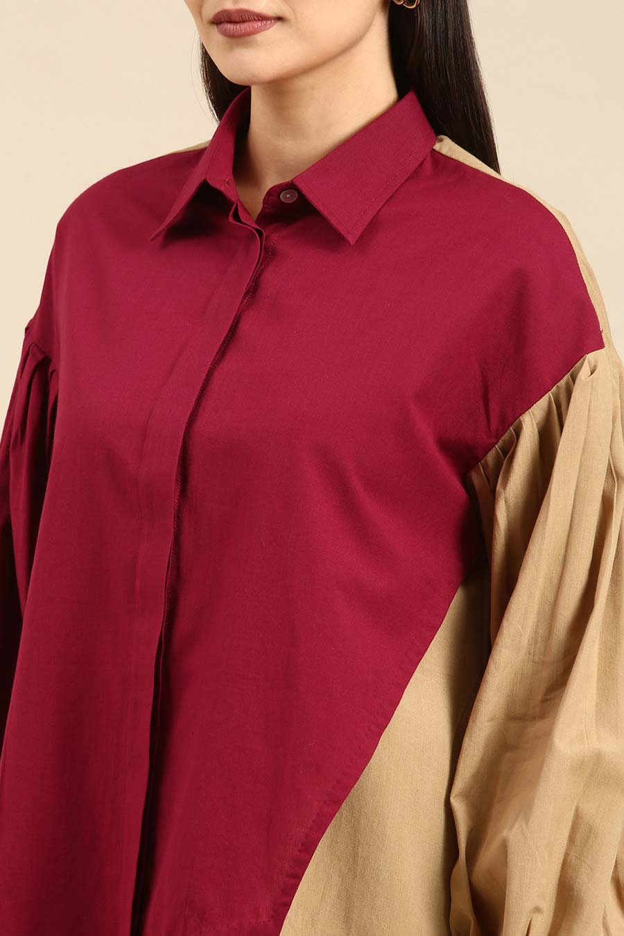 Burgandy & Mustard Cotton High-Low Shirt