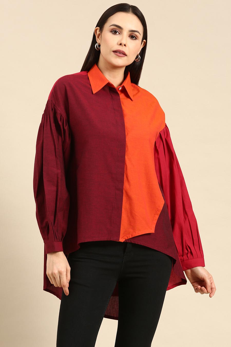 Orange & Burgandy Cotton High-Low Shirt