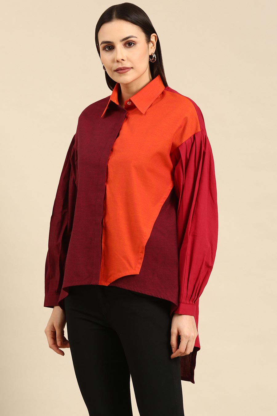 Orange & Burgandy Cotton High-Low Shirt
