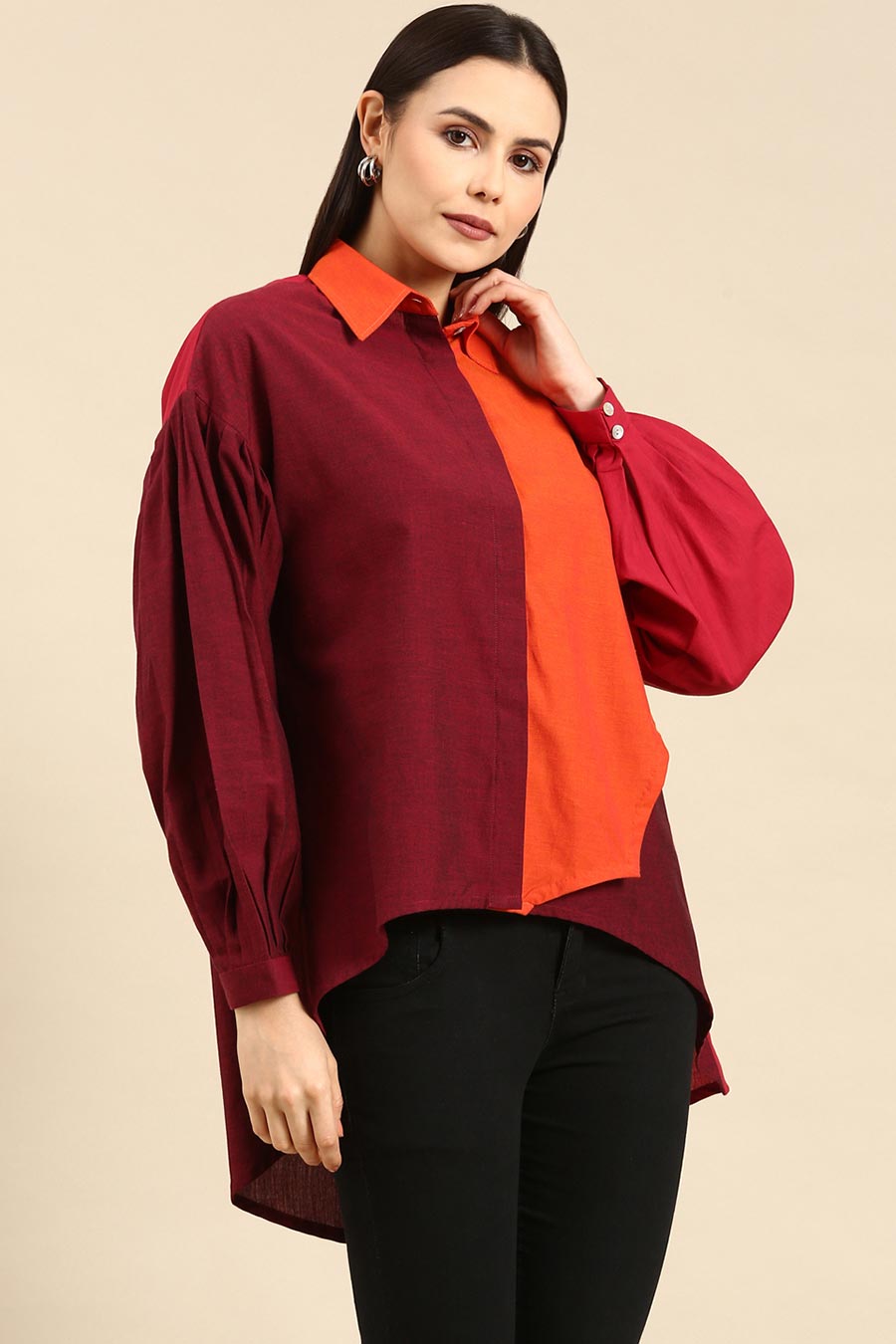 Orange & Burgandy Cotton High-Low Shirt