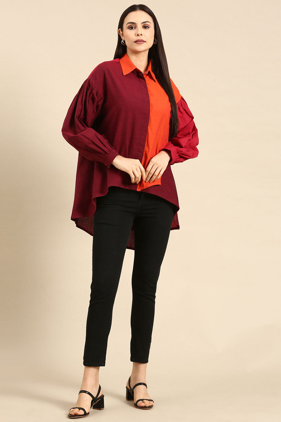 Orange & Burgandy Cotton High-Low Shirt