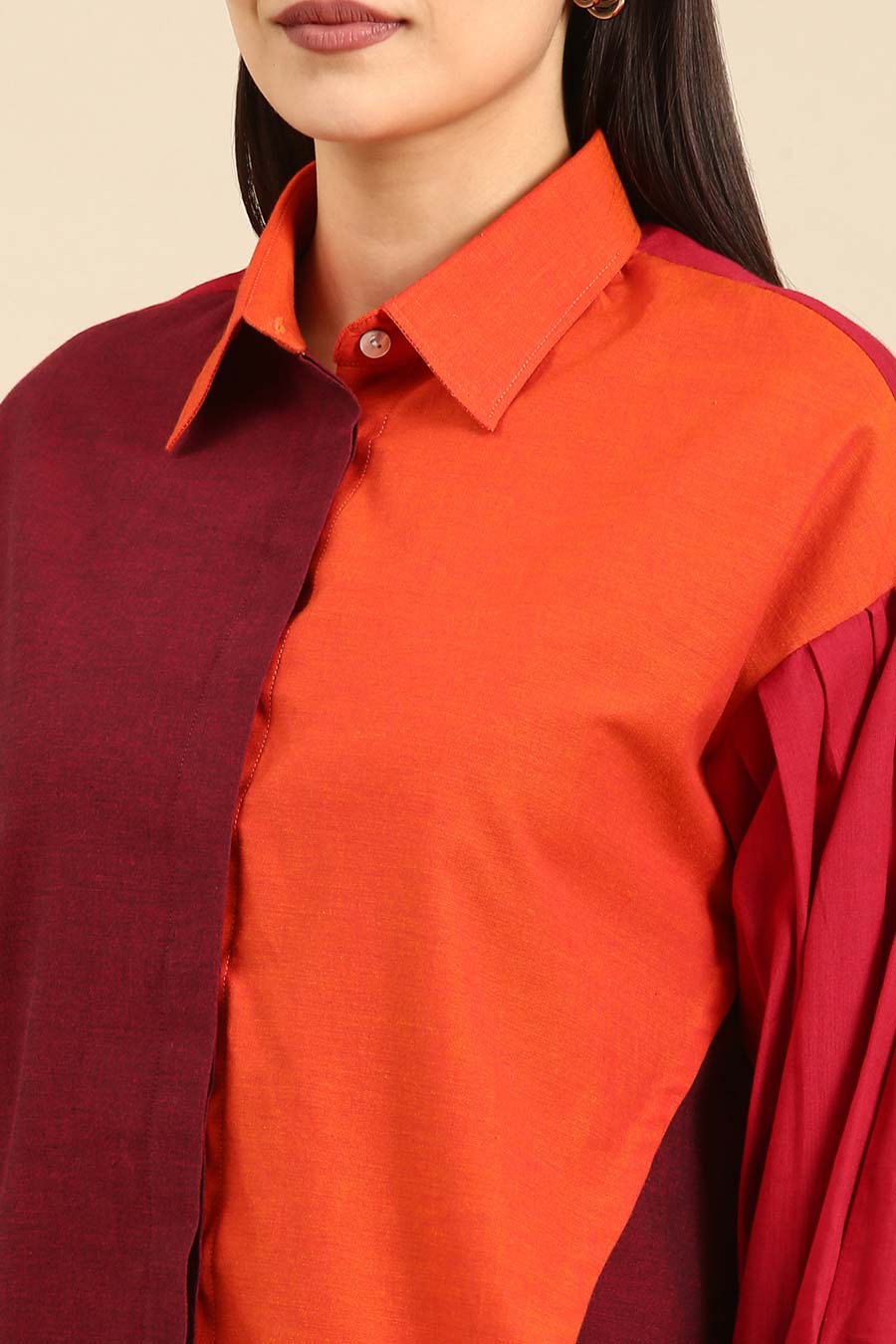 Orange & Burgandy Cotton High-Low Shirt