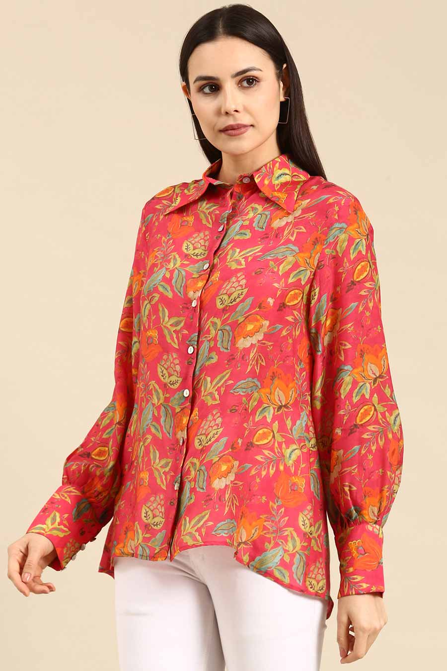 Pink Floral Printed Muslin Shirt