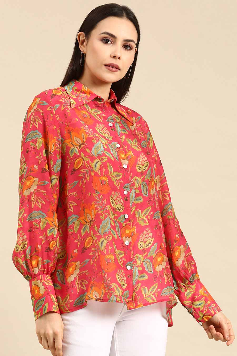 Pink Floral Printed Muslin Shirt